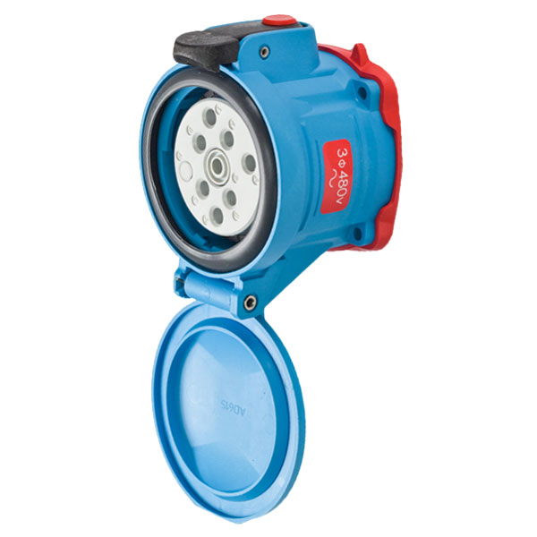 63-64043-972-824-843 - DSN60 RECEPTACLE POLY BLUE SIZE 3 TYPE 4X IP 69 3P+G 60A 480 VAC 60 Hz +2 AUX METAL PAWL (ON POLY RECEPTACLE) PADLOCK PAWL